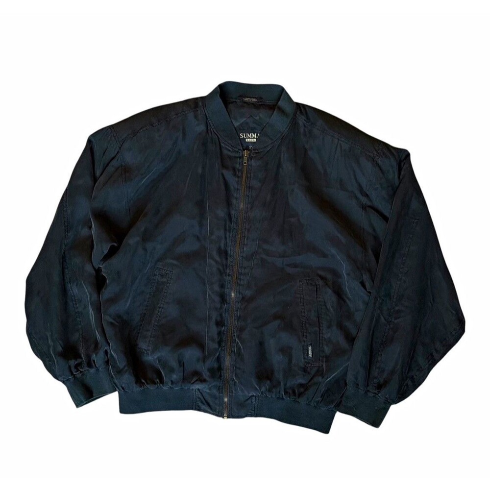 Summa 100% Silk Bomber Jacket Black Full Zip Band Collar Solid Men’s Size Large